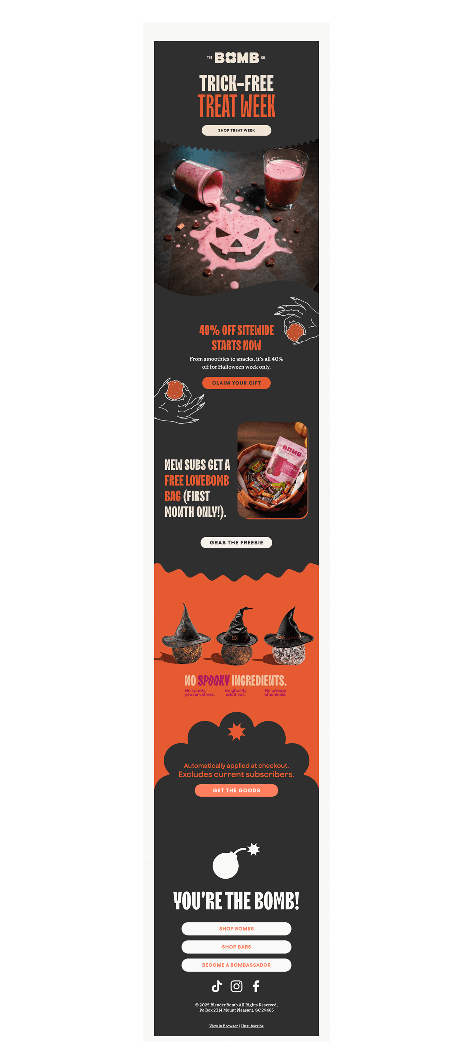 The Bomb email example for how to use imagery and color in a seasonal email.