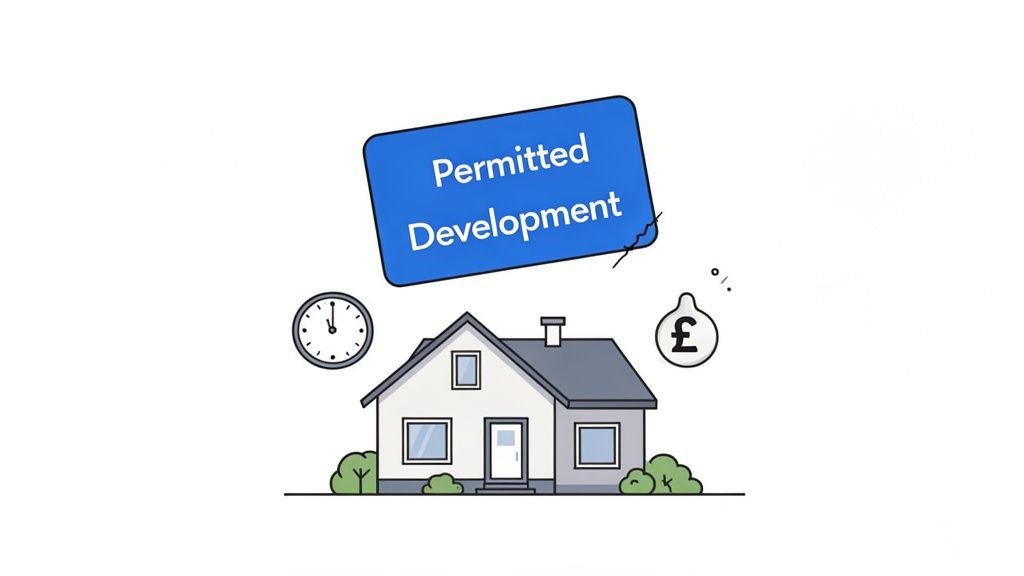 An illustration of a house with a 'Permitted Development' sign, a clock, and a pound symbol, representing building rights, time, and cost.