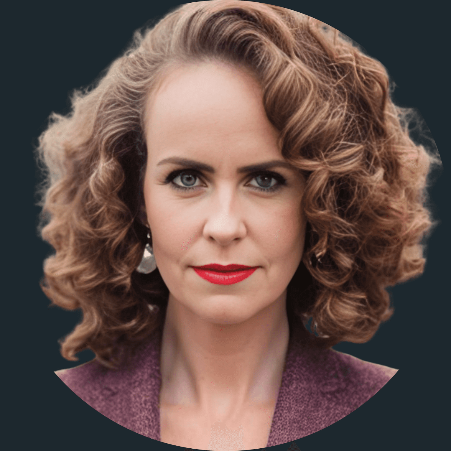 Smiling person in a white shirt against a dark background.