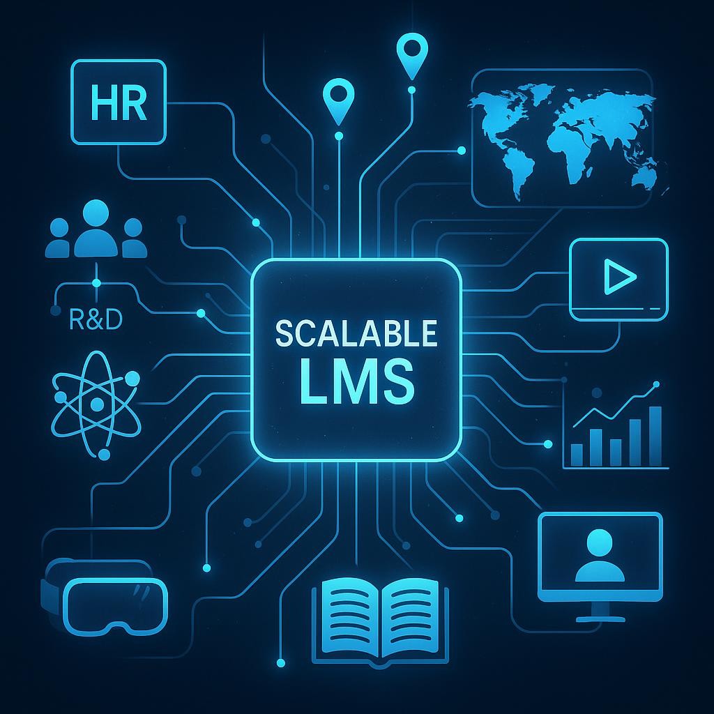 A dynamic, interconnected network of digital elements representing an enterprise-level LMS. A central, glowing core (the scalable LMS) is seamlessly connected via visible data flows and pathways to various icons and symbols representing different departments (e.g., HR, Sales, R&D), global locations (miniature world map or location pins), diverse learning content types (e.g., video player, VR headset, open book, online conference icon), and analytics dashboards (e.g., charts, graphs). The overall impression should be one of efficiency, growth, and comprehensive coverage. This modern, clean, digital illustration uses bright, interconnected lines and glowing elements to show data flow and integration, visually summarizing the benefits of a scalable LMS and emphasizing its robustness, integration capabilities, and ability to foster growth across an entire organization.
