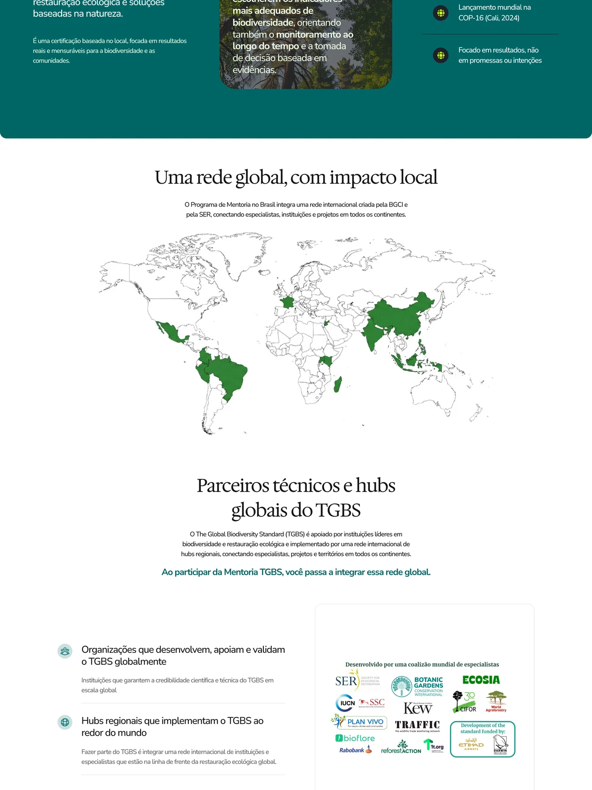 Mapa da rede global e parceiros na página inicial do site do TGBS Brasil no computador