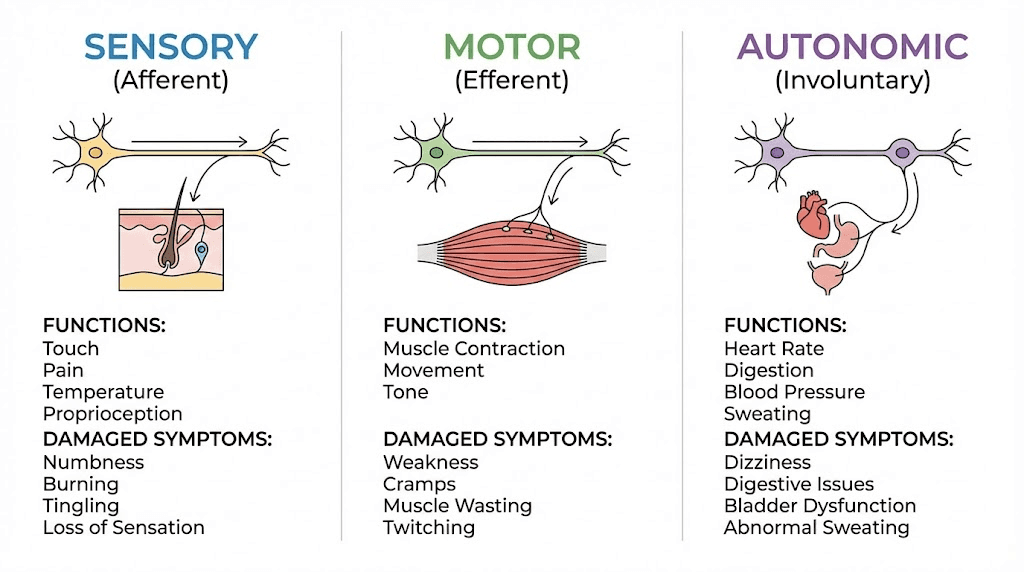 Types of peripheral nerve fibers and neuropathy symptoms diagram
