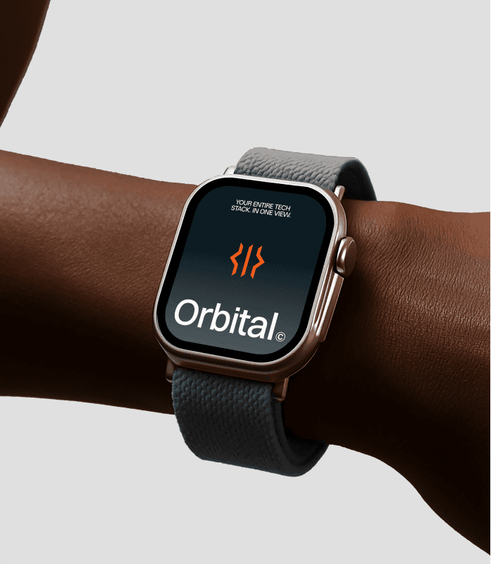 orbital watchface screen mockup with brand logo