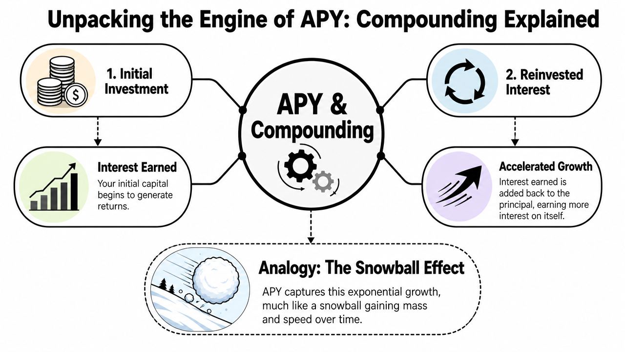 A diagram illustrating how APY and compounding interest work through a snowball effect analogy.