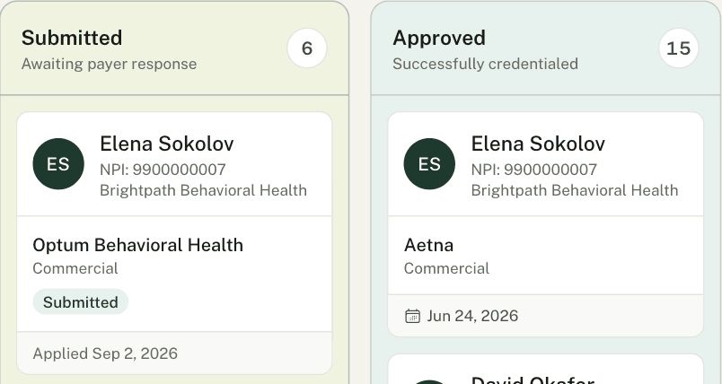 Lanyard's enrollment pipeline showing a provider's Optum application submitted and their Aetna enrollment approved