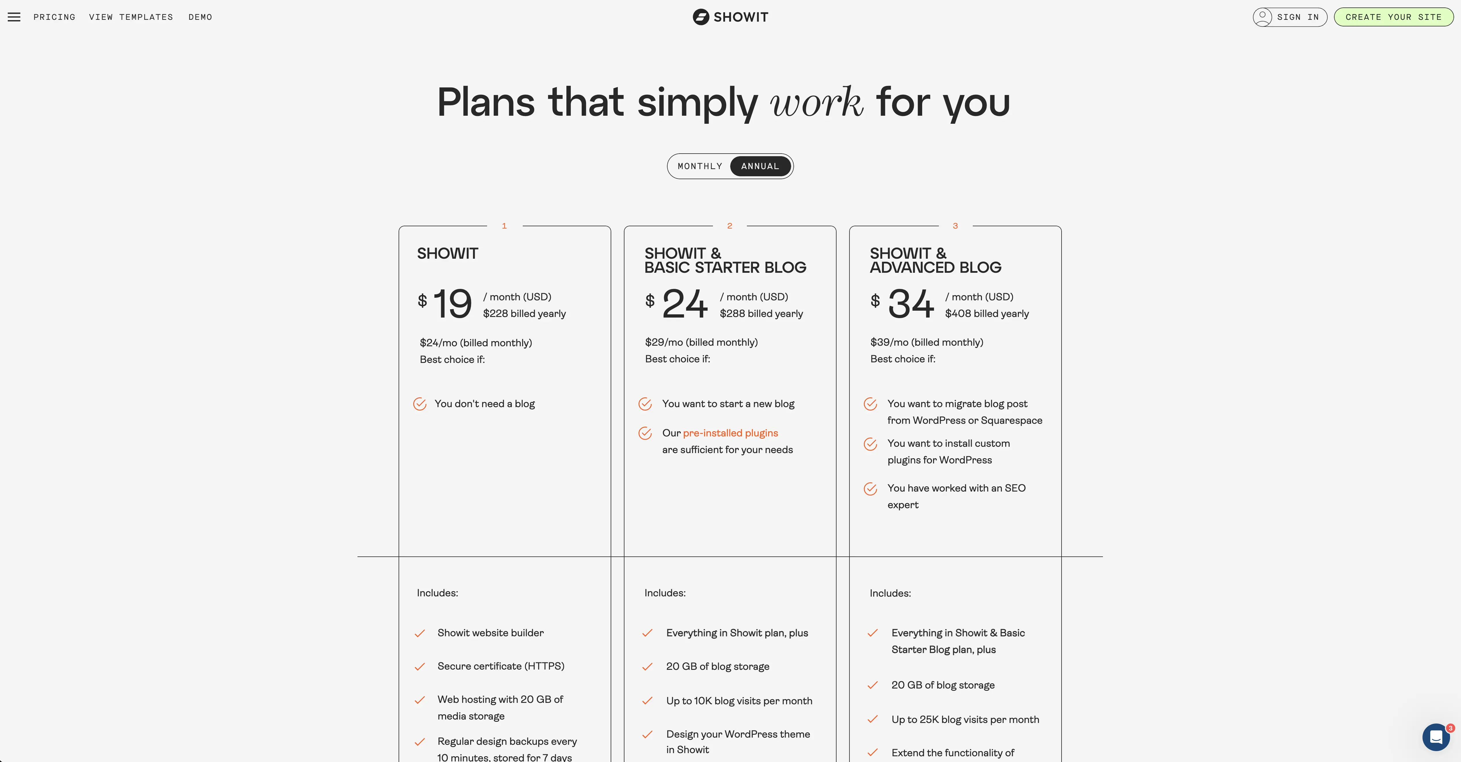 A screenshot of Showit pricing