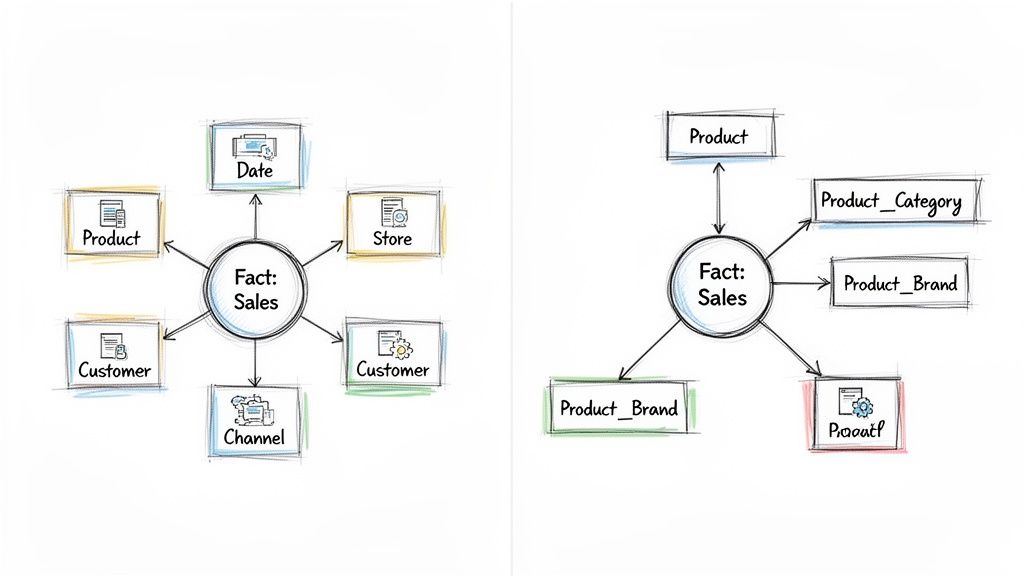 Comparison of data warehouse star and snowflake schemas with Fact Sales and various dimensions.