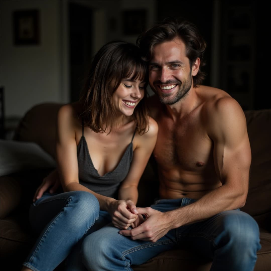 ein glückliches paar, der mann ist oben ohne