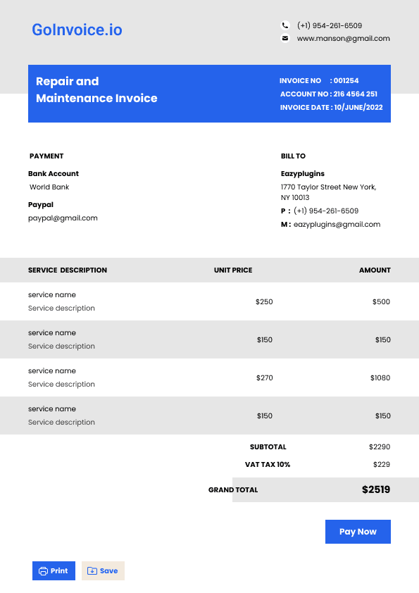 Repair and Maintenance Invoice