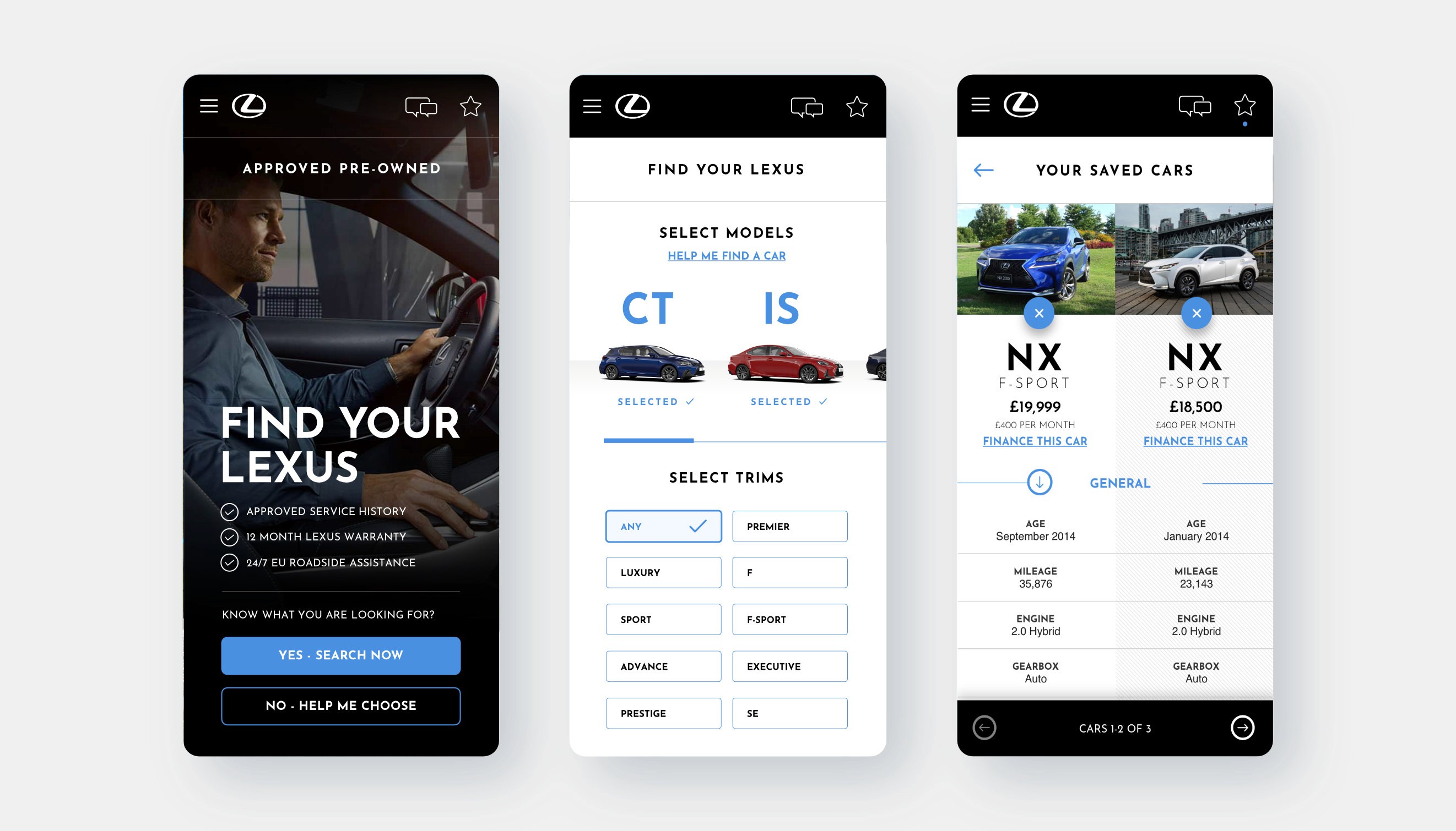 Mobile designs for the homepage, search landing and saved cars designs for Lexus pre-owned car search website