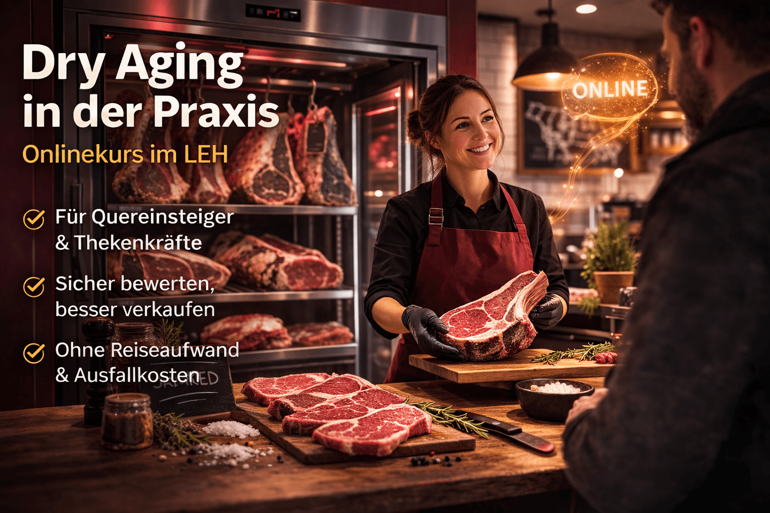 Reifeschrank und Fleischtheke als Motiv für Dry Aging in der Praxis