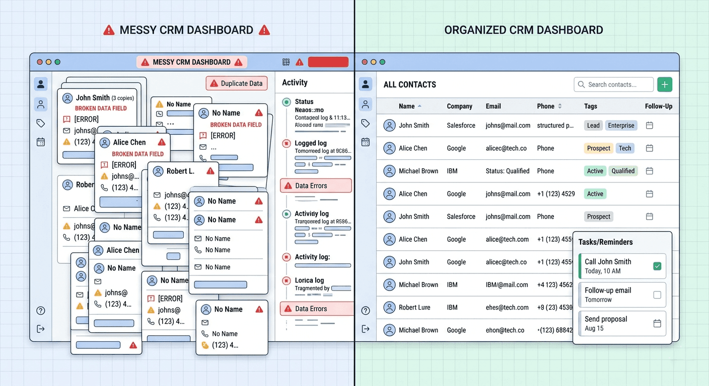 CRM data hygiene comparison showing messy duplicate contacts vs clean organized lead database