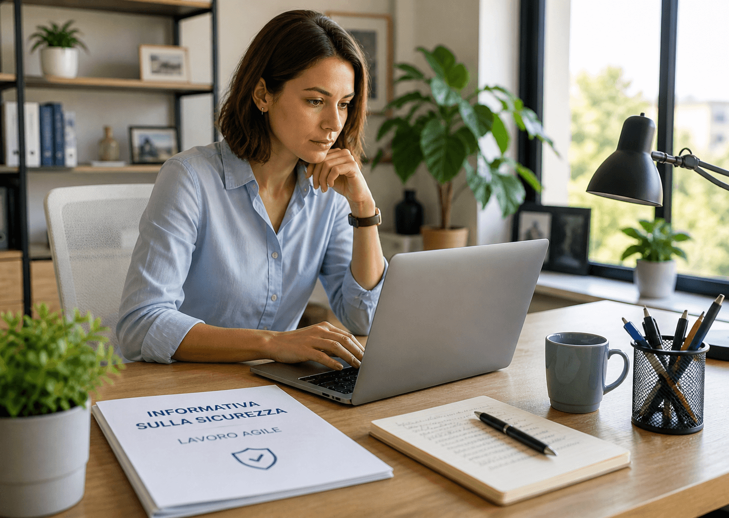 Una professionista lavora al computer nel proprio ufficio domestico (lavoro agile). Sulla scrivania è presente un'informativa cartacea sulla sicurezza dedicata allo smart working, a sottolineare l'importanza del governo dei processi e della conformità legale anche per i dipendenti che lavorano da remoto.