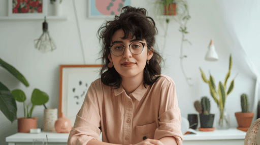 Young woman with glasses and curly hair seated at a desk, smiling softly. The background is decorated with plants and framed artwork, creating a cozy, artistic atmosphere.