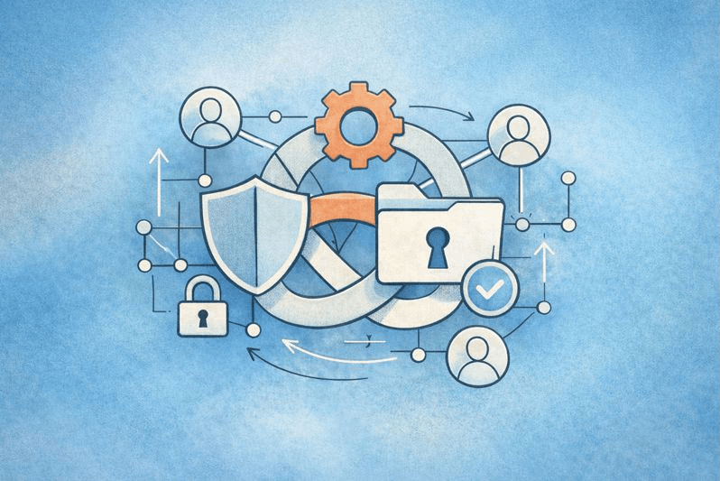 Shapes representing users and roles flowing together harmoniously