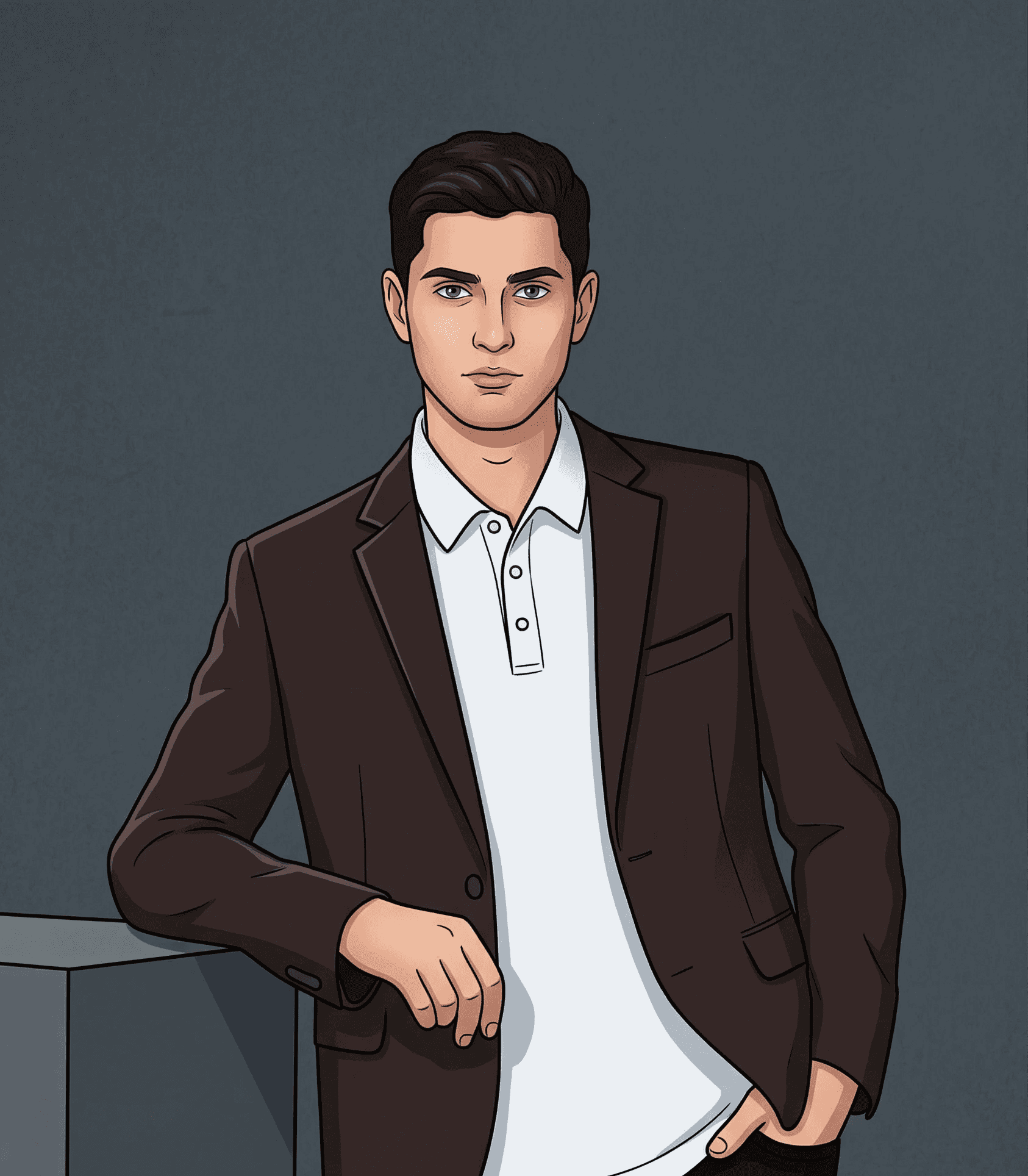 Illustrated headshot of Tom Bridges wearing a dark brown blazer and white polo shirt, leaning against a grey surface against a grey background.