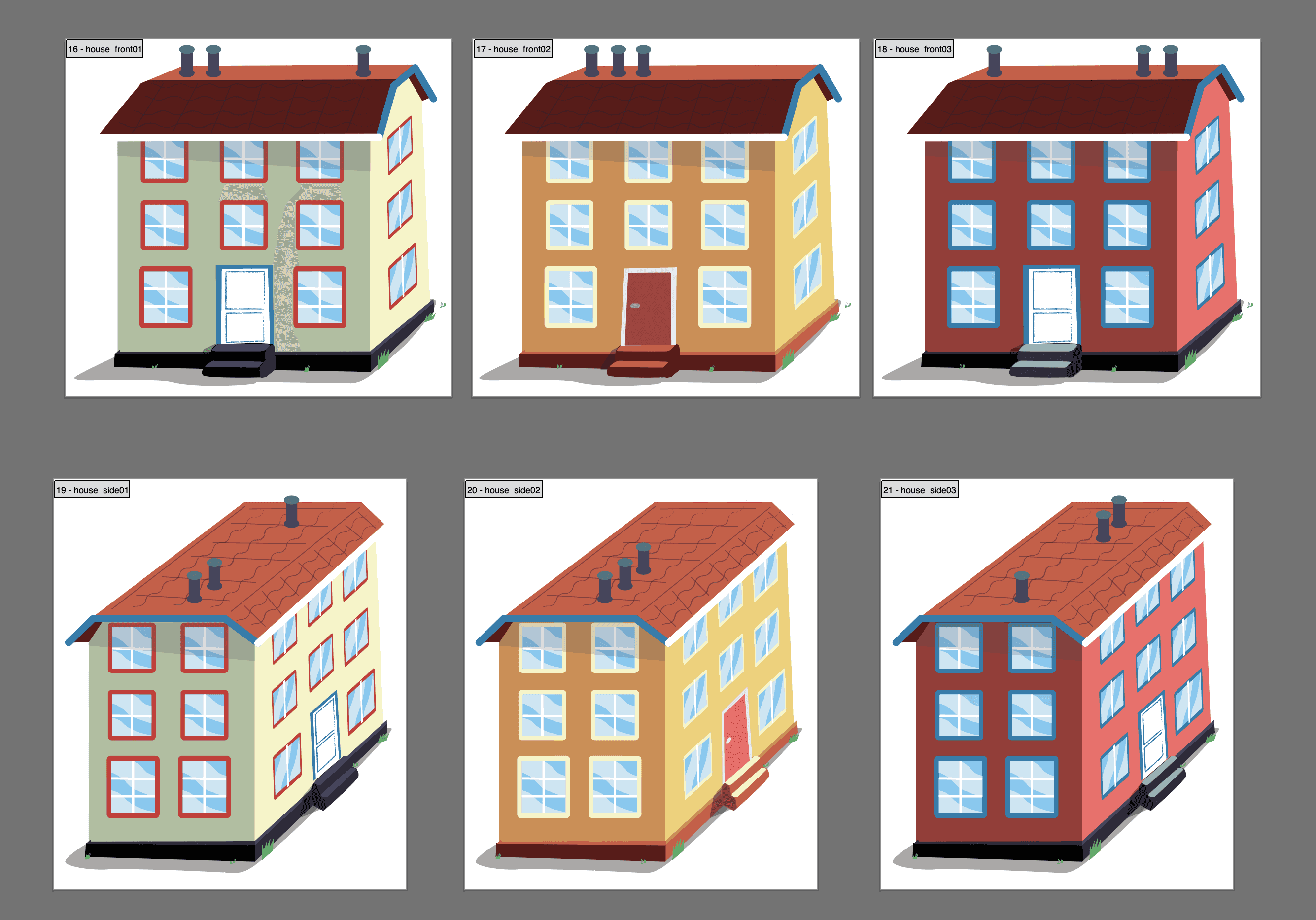 six building in varibale color schemes but same design