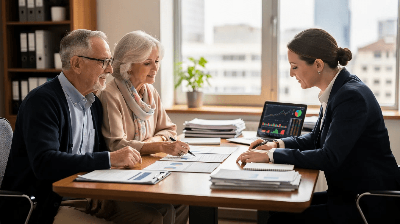 An older couple is seated across from a financial advisor at a desk, discussing various documents related to their retirement income and tax implications. They appear engaged as they review strategies to minimize tax liability, including considerations for required minimum distributions and capital gains tax.