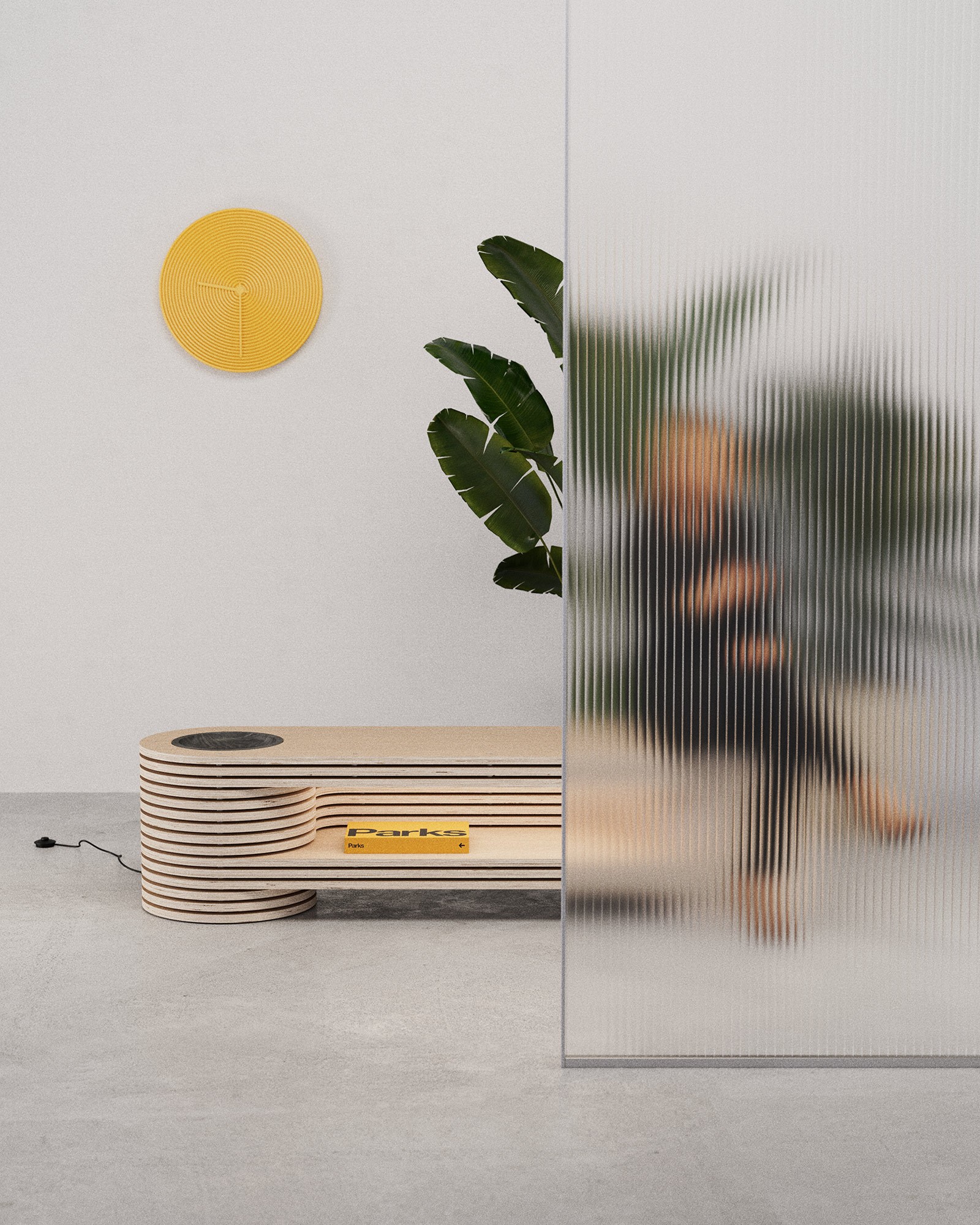 CNC-milled plywood bench built from repeated layered slices viewed from the front