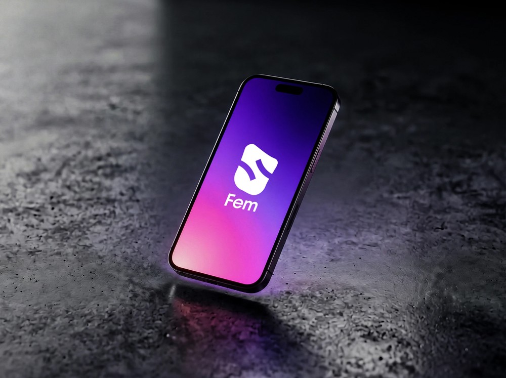 A smartphone displaying the FEM Sweden branded interface, placed on a dark textured surface with purple ambient lighting.