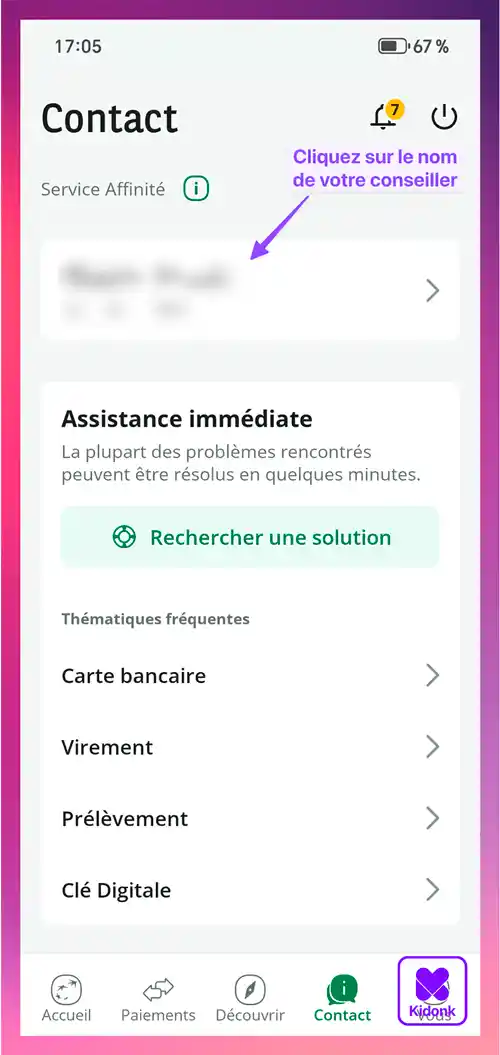 Application mobile BNP Paribas affichant l'endroit pour sélectionner son conseiller 