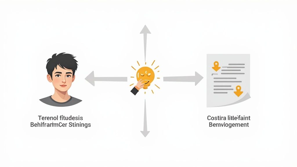 Bild zeigt einen Avatar, der eine Idee entwickelt, die zu einem Dokument führt, um einen Lebenslauf zu erstellen.