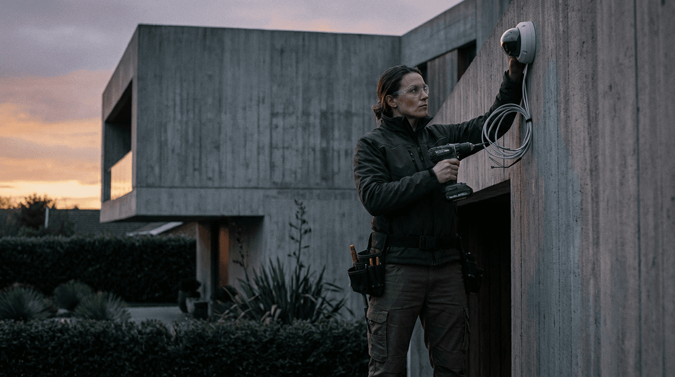 Security and alrms technician installing a camera on the exterior of a modurn industrial and brutalist home