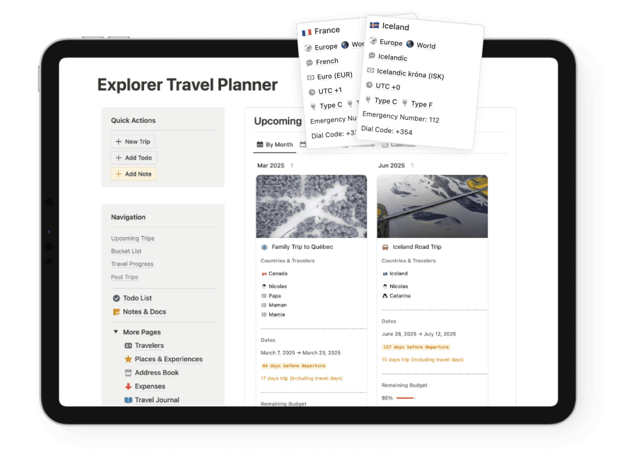 An iPad and an iPhone showing the Explorer Travel Planner template