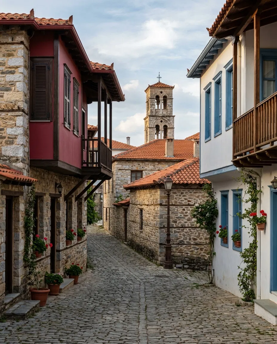 Peaceful street or landmark scene in Arnaia Chalkidiki Greece