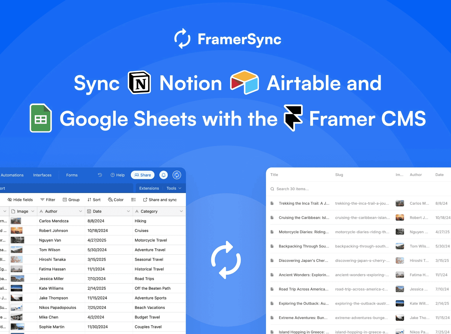 FramerSync plugin interface in Framer, showing connection options for Notion, Airtable, and Google Sheets data syncing with Framer's CMS.