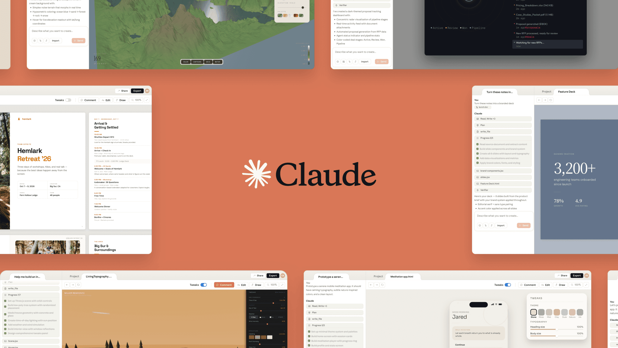 Collage of AI-assisted design projects including slide decks, dashboards and app prototypes