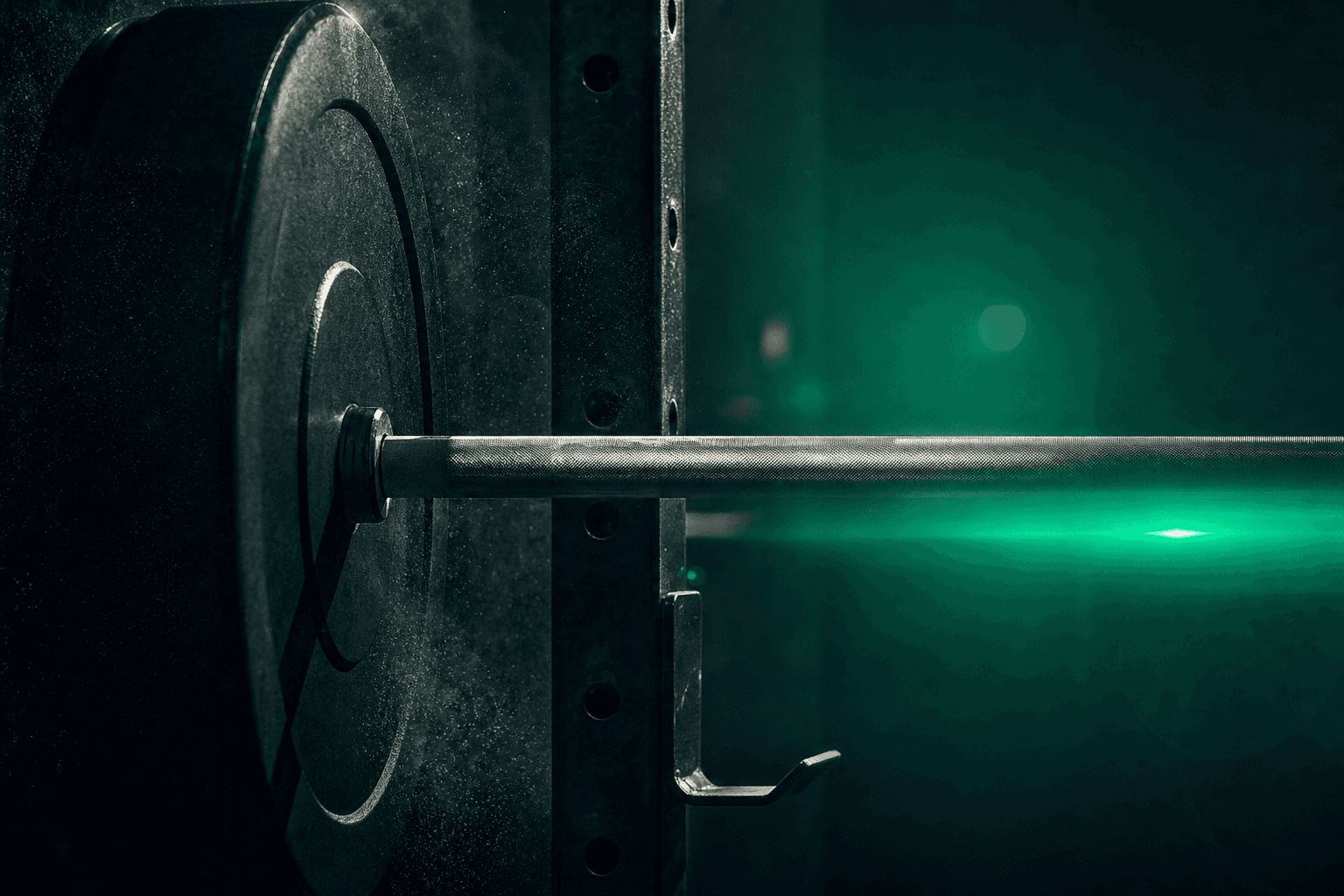 Loaded barbell with chalk dust suspended in dramatic haze