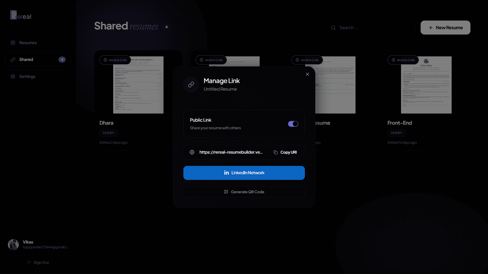 Share link popup of rereal resume builder website 