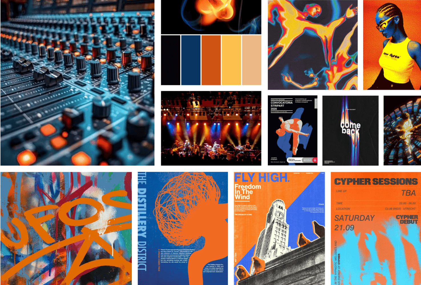 Moodboard con referencias visuales para app musical