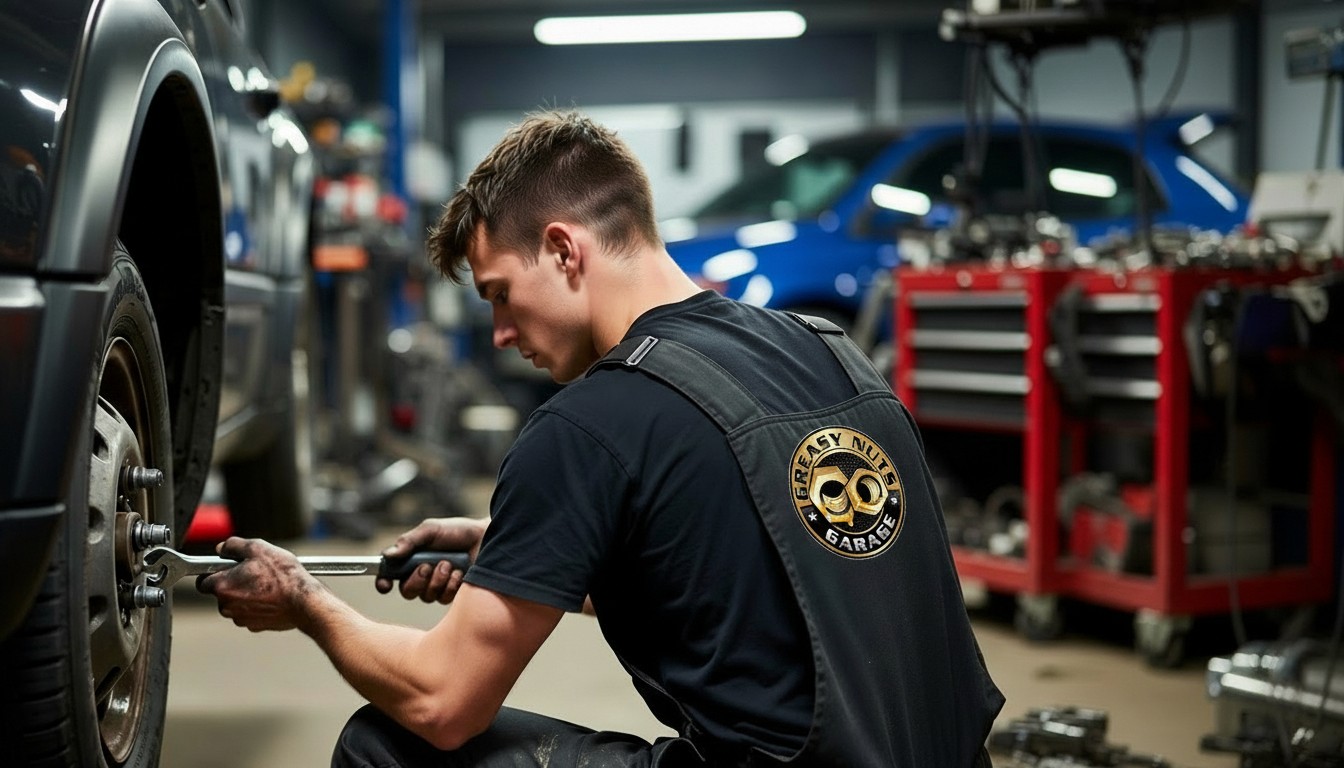 Greasy Nuts Garage mechanic tightening wheel nuts with a torque wrench