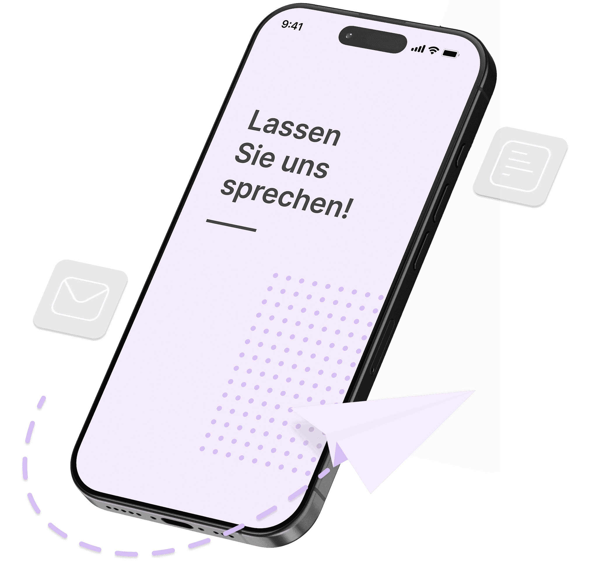 Ein Smartphone, das auf dem Bildschirm zur Kontaktaufnahme einlädt, mit zwei davor schwebenden Kontakt-Icons und einem Papierflugzeug.