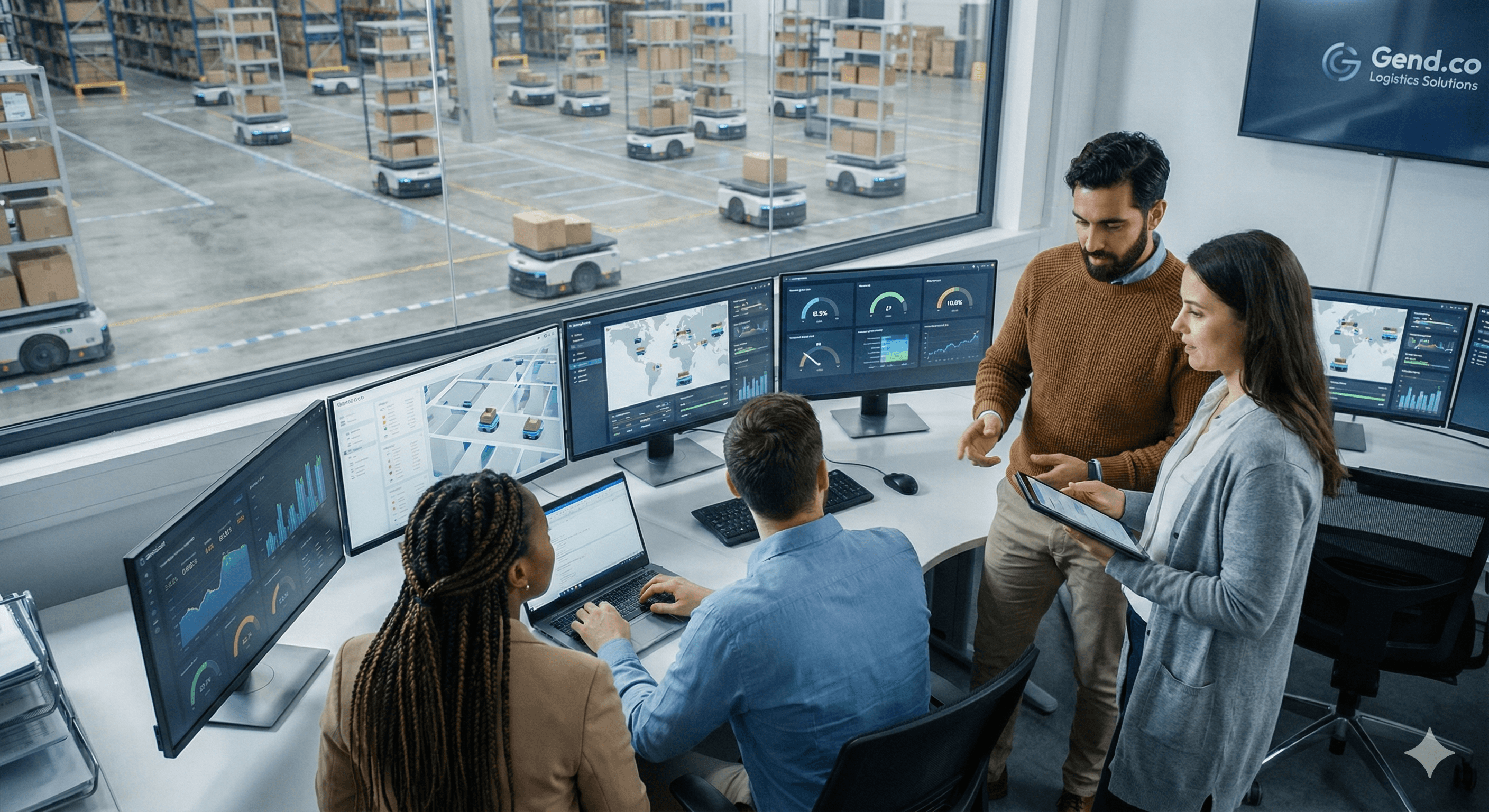 Four people in a modern logistics control room are analyzing data on multiple computer screens, overlooking a busy warehouse filled with automated transport vehicles, exemplifying efficient operations in multi-agent systems.