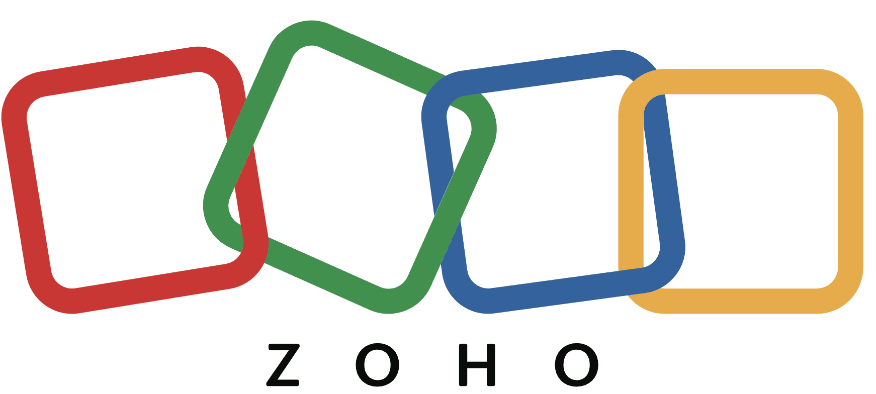 Zoho logo with interlinked red, green, blue, and yellow squares above black text.