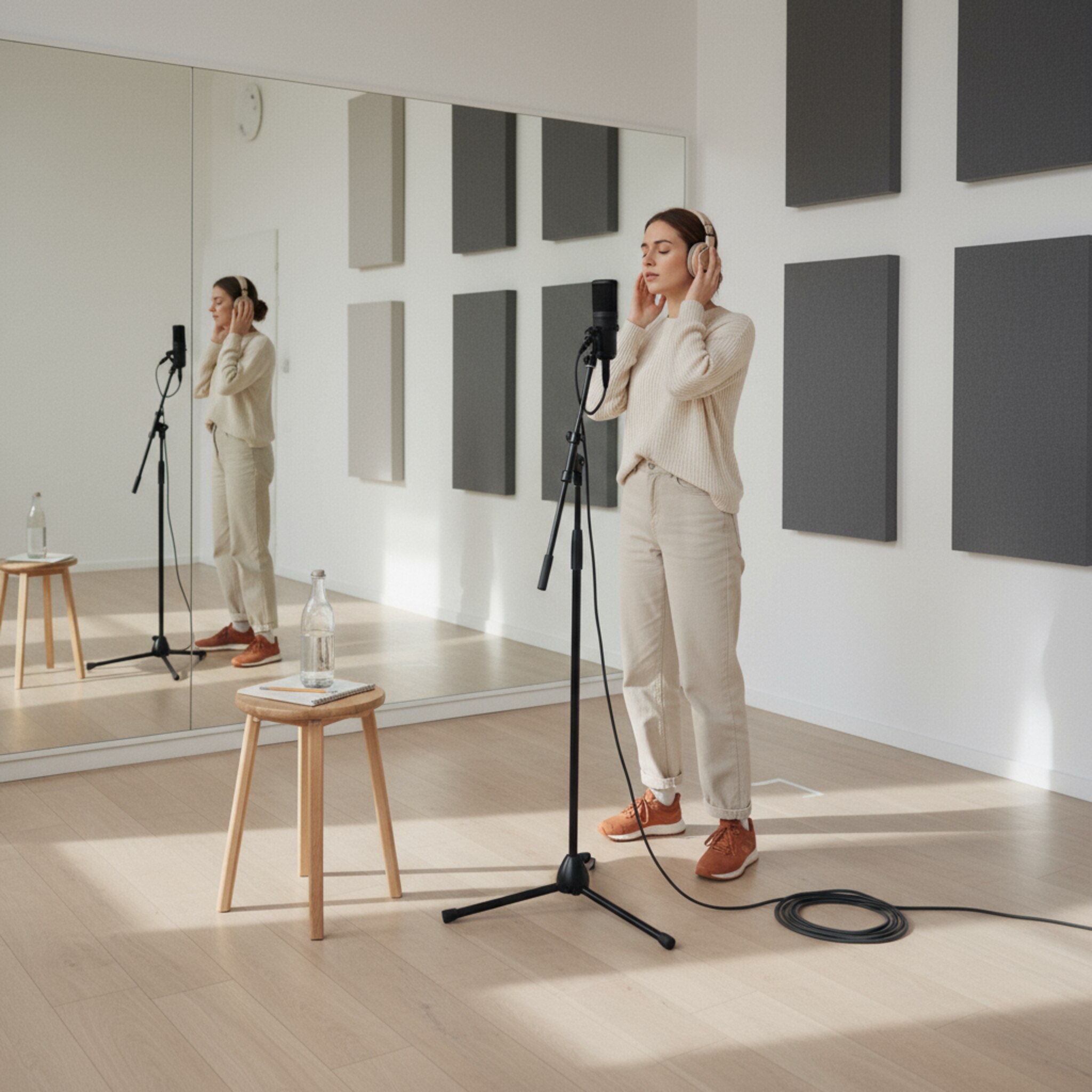 Ein heller Raum mit großem Spiegel und Markierungen am Boden. Eine Sängerin wärmt die Stimme auf, Hände locker an den Kopfhörern, neben ihr steht ein Mikrofon auf Stativ. Schallschutzpaneele an der Wand, eine Wasserflasche auf dem Hocker. Die Atmosphäre ist ruhig, fokussiert und professionell.