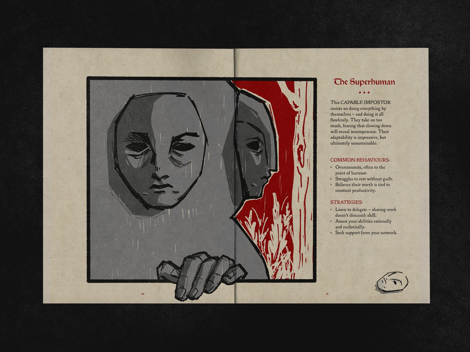 layout of spread in zine, feature multi-spread illustration of fantastical creature