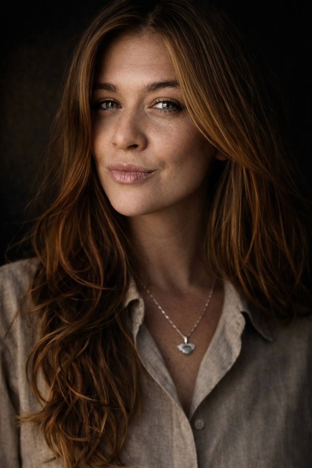 A woman with long, wavy hair poses with a slight smile against a dark background, wearing a light-colored shirt.