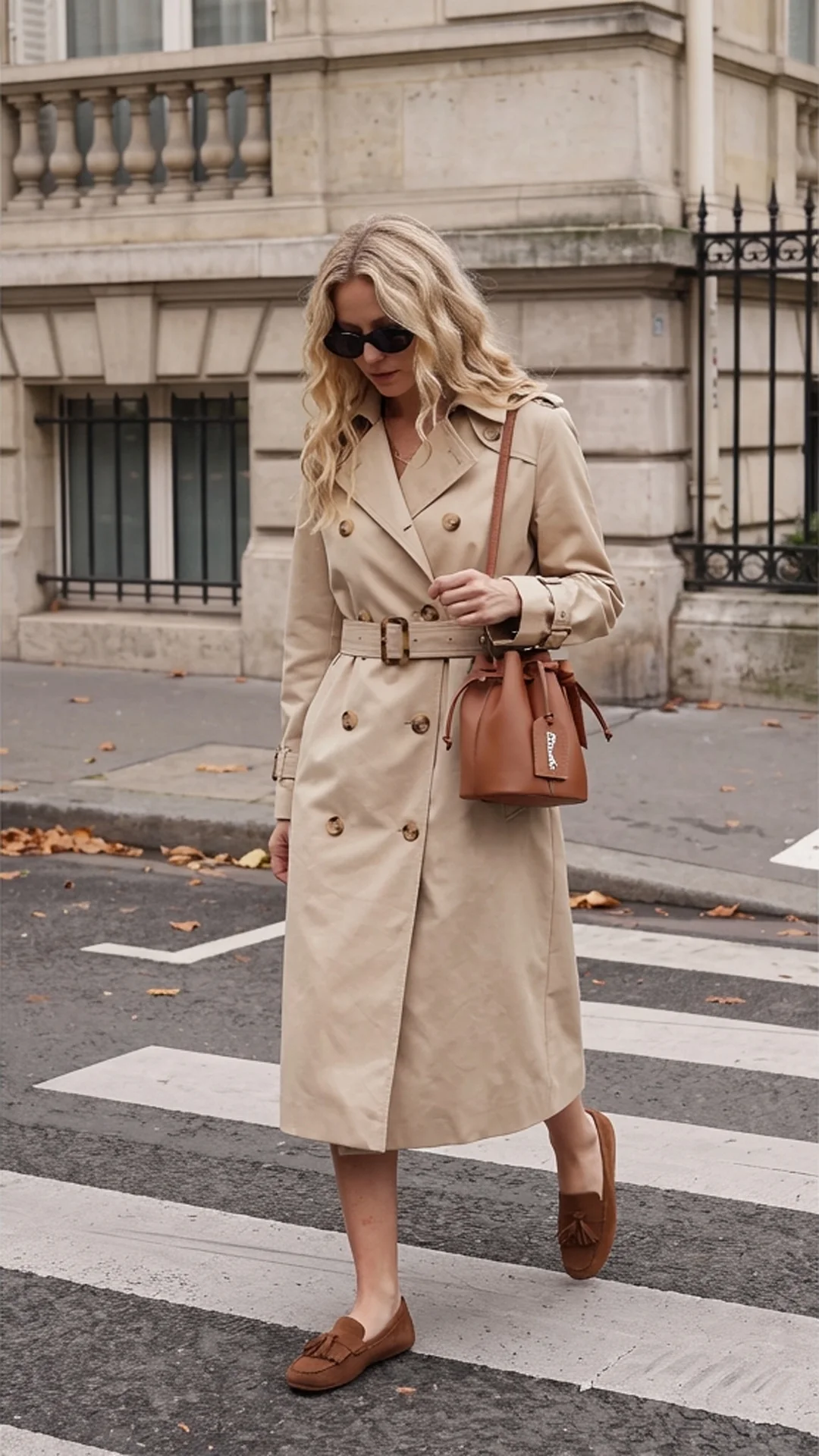 Foto generata: la cliente con il trench indossato, sullo sfondo originale della strada