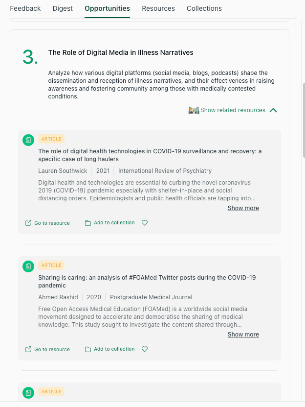 thesify opportunities tab showing digital media as a research direction for illness narratives