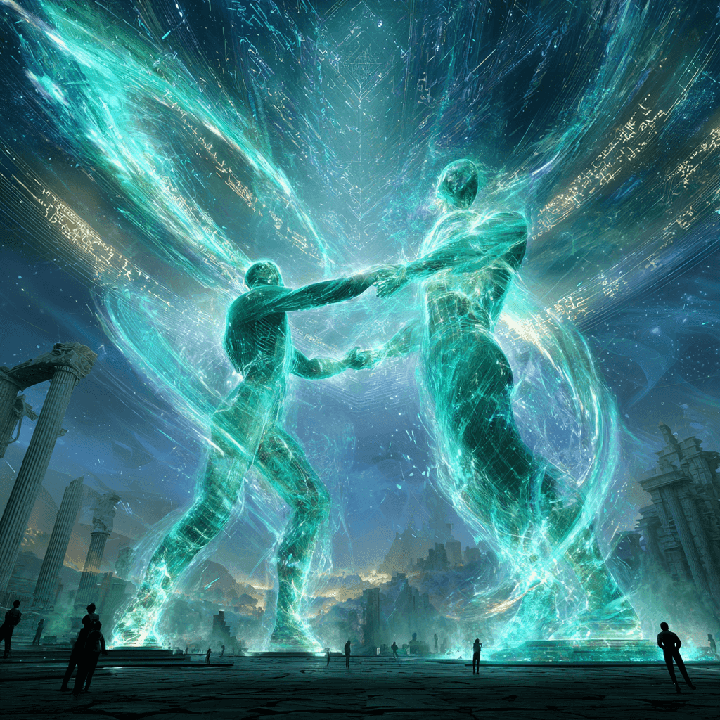 two abstract humanoid forms made of swirling light and digital code, merging in a dramatic burst of glowing energy, set in a mythological-futuristic landscape — think Olympus meets Blade Runner — elements of ancient ruins mixed with sleek digital architecture, glowing constellations overhead forming runes of collaboration, subtle human silhouettes observing in awe, emotional color palette of emerald green, sapphire blue, and hints of molten gold
