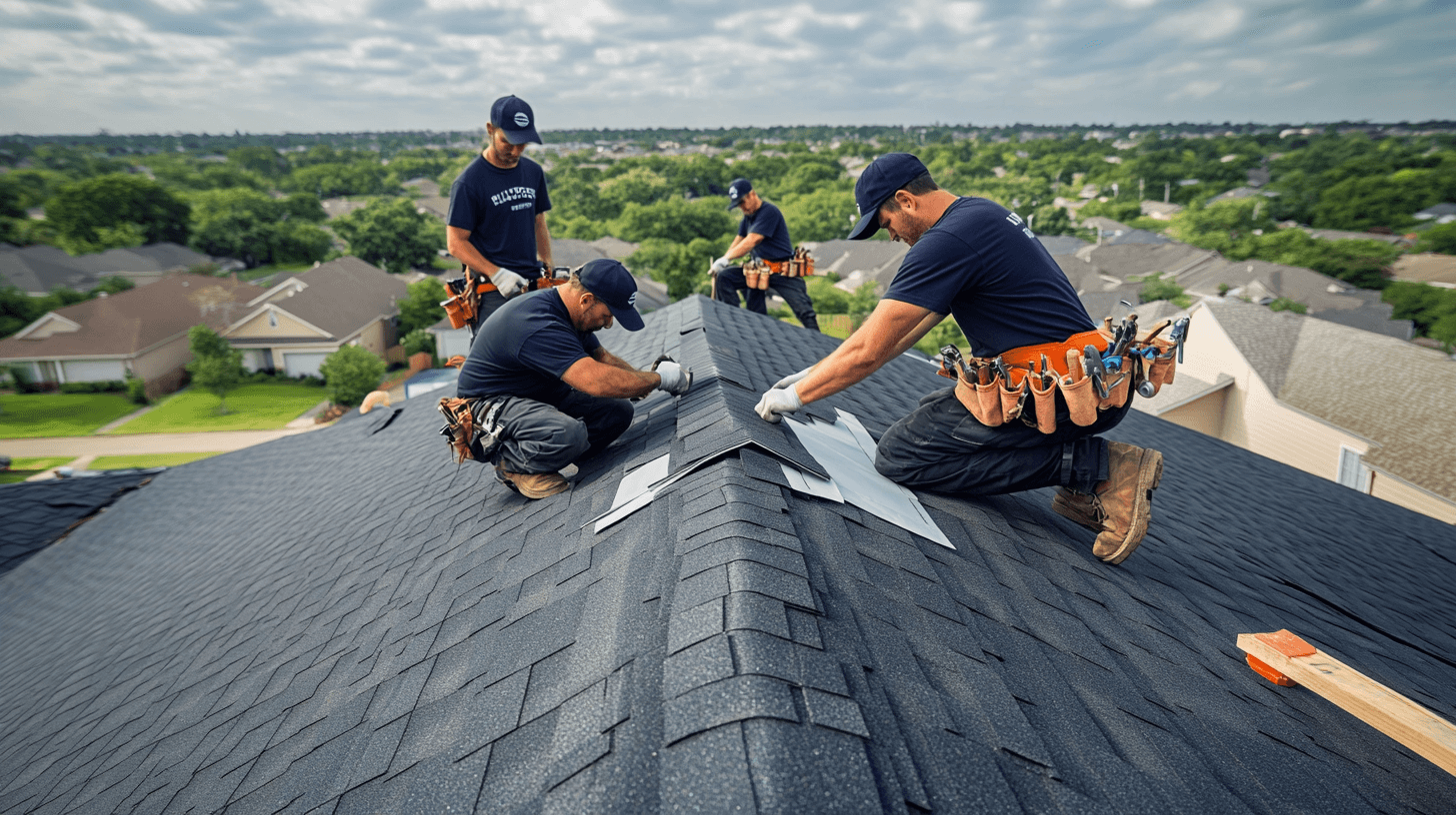 Photorealistic documentary-style wide shot of a friendly roofing contractor