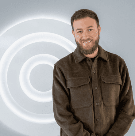 Hero image featuring a greyscaled communication platform on an abstract background.