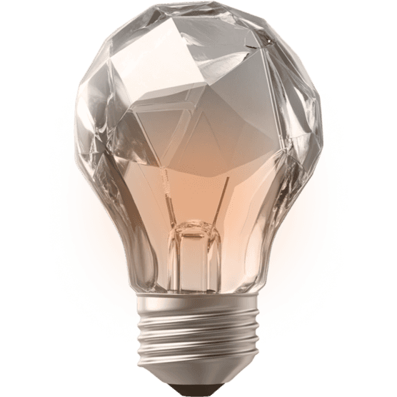 Faceted glass lightbulb with a warm glow, set against a dark background.