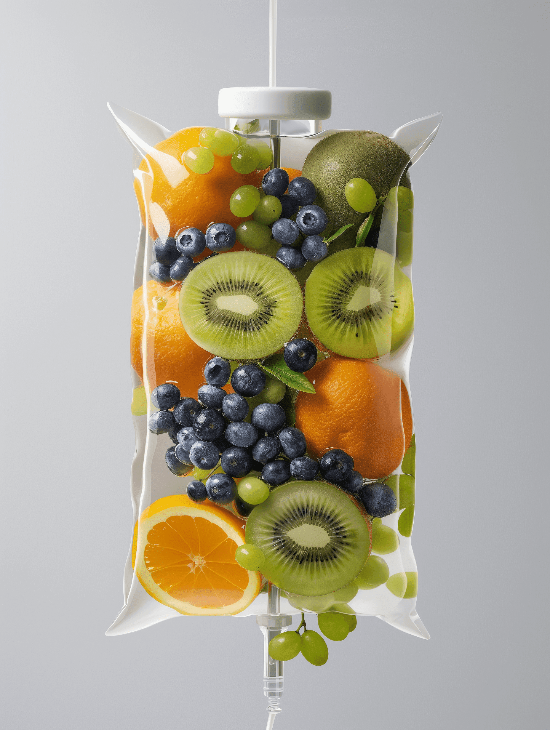 Intravenous bag filled with an assortment of fruits like oranges, kiwis, and grapes, symbolizing a vitamin infusion therapy.