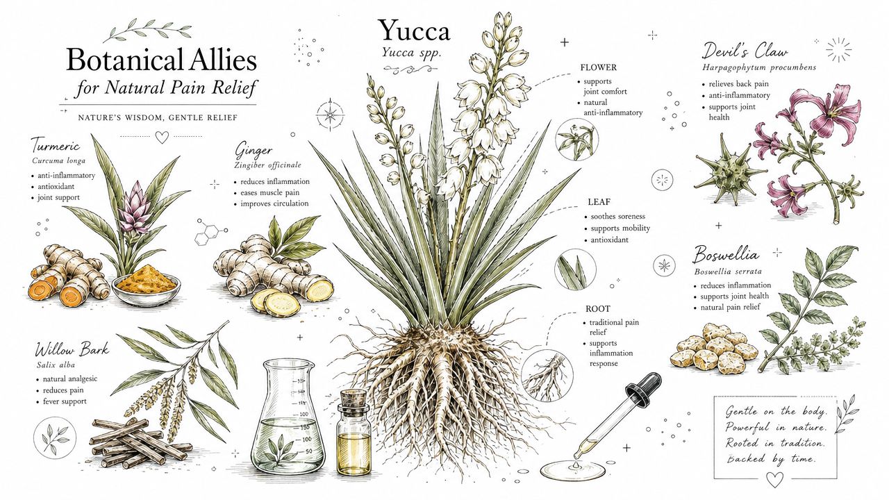A botanical illustration displaying various herbs and plants used as natural remedies for pain relief.