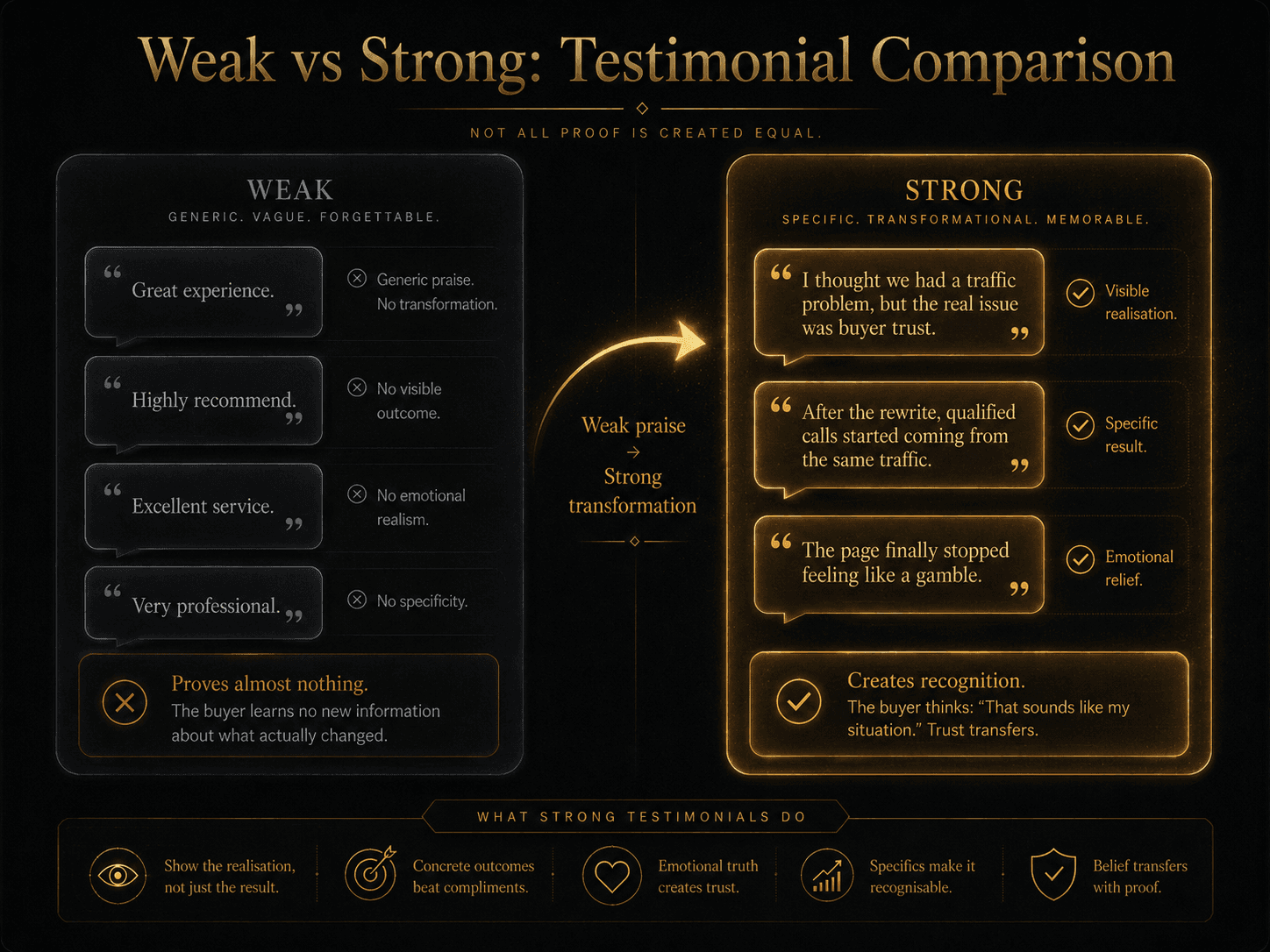“Weak vs Strong: Testimonial Comparison” Concept: A split-screen comparison showing the same client experience expressed as weak vs strong testimonials.  Left side (Weak — Red/Desaturated):  “Great experience.” — Generic praise. No transformation.  “Highly recommend.” — No visible outcome.  “Excellent service.” — No emotional realism.  “Very professional.” — No specificity.  Label: “Proves almost nothing. The buyer learns no new information about what actually changed.”  Right side (Strong — Gold/Glowing):  “I thought we had a traffic problem, but the real issue was buyer trust.” — Visible realisation.  “After the rewrite, qualified calls started coming from the same traffic.” — Specific result.  “The page finally stopped feeling like a gamble.” — Emotional relief.  Label: “Creates recognition. The buyer thinks: ‘That sounds like my situation.’ Trust transfers.”  Style: Dark charcoal background. Left side: desaturated red/grey, faded, forgettable. Right side: warm gold/amber, sharp, glowing, credible.  Interaction: Hovering any weak example reveals why it fails and how to fix it using the extraction framework. Hovering any strong example reveals the psychological principle behind why it works. A toggle switches between “Weak Testimonial Bank” and “Strong Testimonial Bank.”
